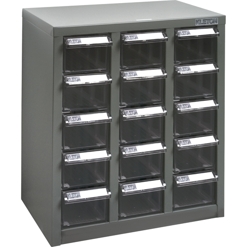KPC-500 Parts Cabinet, Steel, 15 Drawers, 14" x 8-2/3" x 16-1/3", Grey