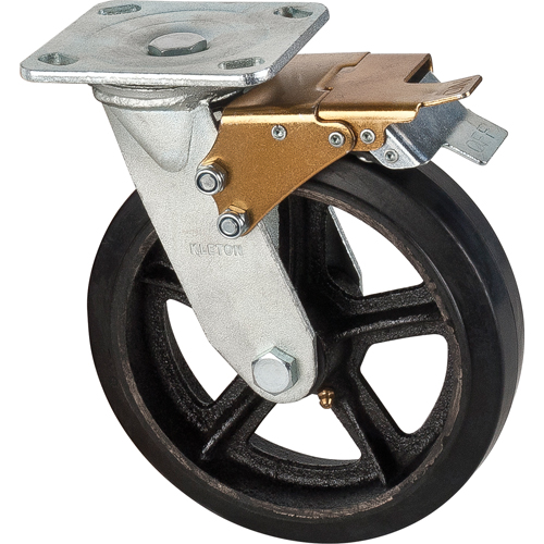 Mold-on Caster, Swivel with Brake, 8" (203.2 mm), Rubber, 660 lbs. (299 kg.)