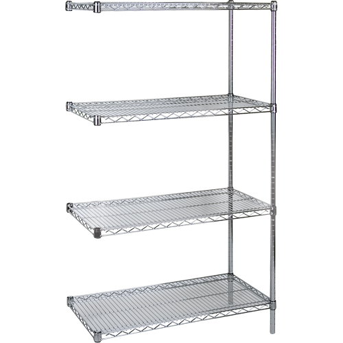 Heavy-Duty Chromate Wire Shelving, Add-On Kit, 4 Tiers, 48" W x 63" H x 18" D