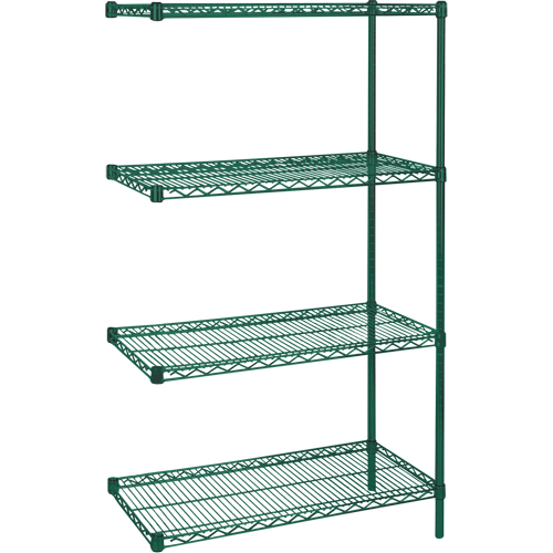 Heavy-Duty Green Epoxy Finish Wire Shelving, Add-On Kit, 4 Tiers, 36" W x 63" H x 18" D