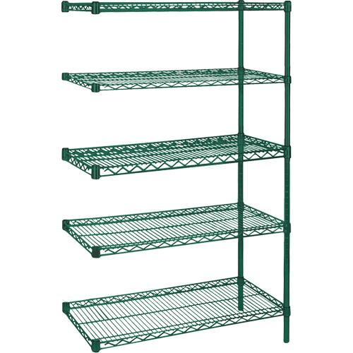 Heavy-Duty Green Epoxy Finish Wire Shelving, Add-On Kit, 5 Tiers, 72" W x 74" H x 18" D