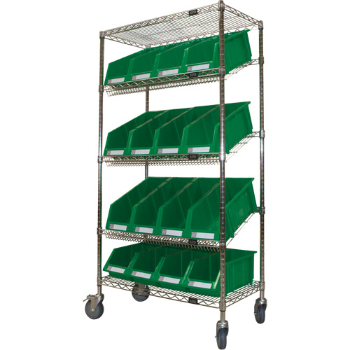 Slanted Wire Shelf Cart with Bins, 5 Tiers, 36" W x 69" H x 18" D