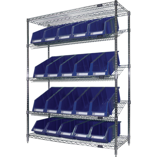 Slanted Wire Shelf with Bins, 5 Tiers, 48" W x 63" H x 18" D