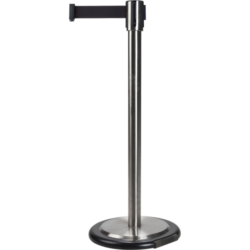 Free-Standing Crowd Control Barrier, Steel, 35" H, Black Tape, 7' Tape Length