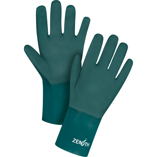 Double Dipped Green Gloves, 12" L, PVC, Cotton Jersey Inner Lining, 70-mil