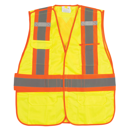 Flame-Resistant Surveyor Vest, High Visibility Lime-Yellow, Large, Polyester