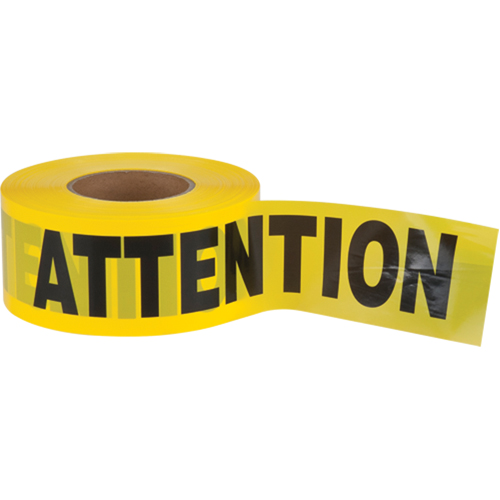"Attention" Barricade Tape, Bilingual, 3" W x 1000' L, 2.5 mils, Black on Yellow