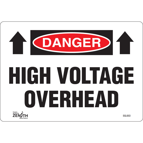"High Voltage Overhead" Sign, 7" x 10", Vinyl, English with Pictogram