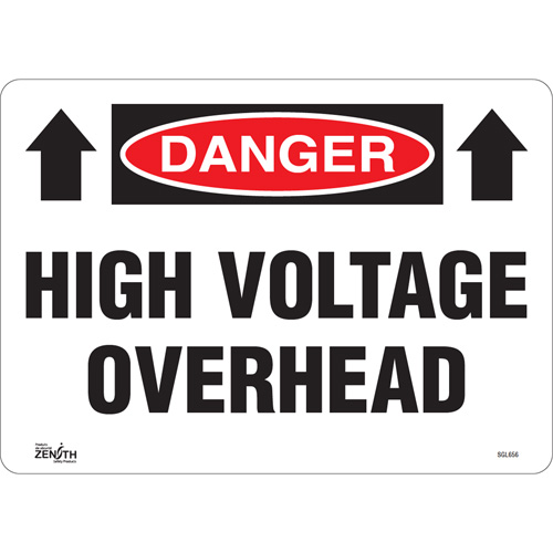 "High Voltage Overhead" Sign, 10" x 14", Vinyl, English with Pictogram