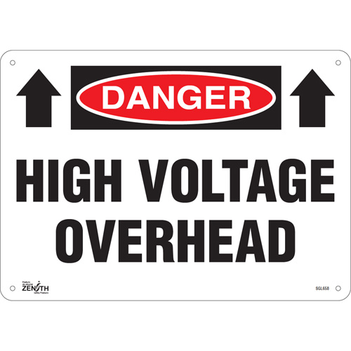 "High Voltage Overhead" Sign, 10" x 14", Aluminum, English with Pictogram