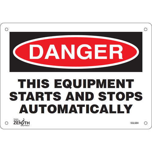 "This Equipment Starts And Stops Automatically" Sign, 7" x 10", Plastic, English