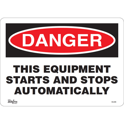 "This Equipment Starts And Stops Automatically" Sign, 10" x 14", Vinyl, English