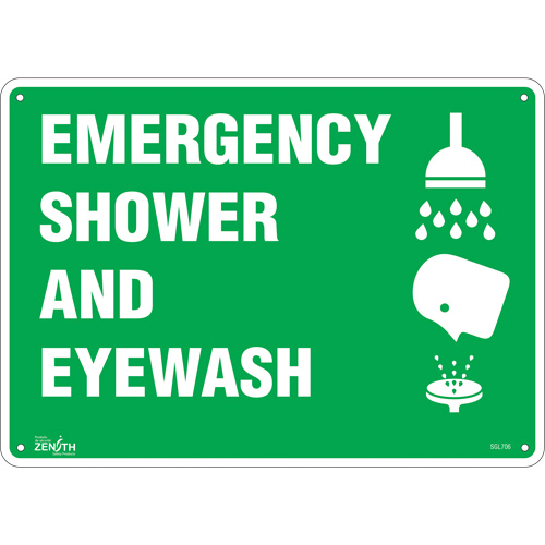 "Emergency Shower And Eyewash" Sign, 10" x 14", Aluminum, English with Pictogram