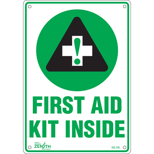 "First Aid Kit" Sign, 10" x 7", Plastic, English with Pictogram