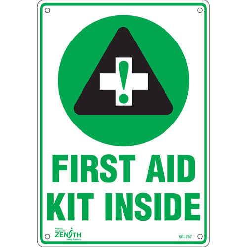 "First Aid Kit" Sign, 10" x 7", Aluminum, English with Pictogram