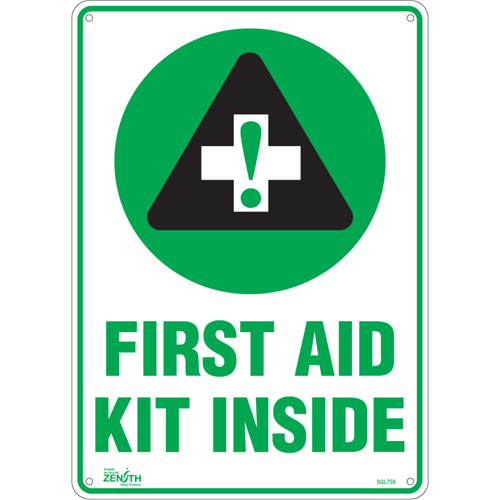 "First Aid Kit" Sign, 14" x 10", Plastic, English with Pictogram