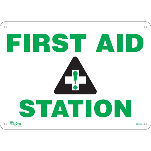 "First Aid Station" Sign, 10" x 14", Aluminum, English with Pictogram