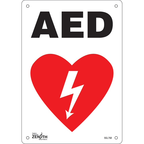 "AED" Sign, 10" x 7", Plastic, English with Pictogram