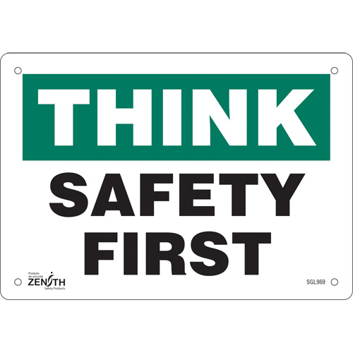 "Safety First" Sign, 7" x 10", Aluminum, English