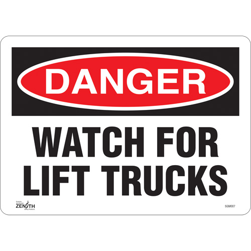 "Watch For Lift Trucks" Sign, 10" x 14", Vinyl, English
