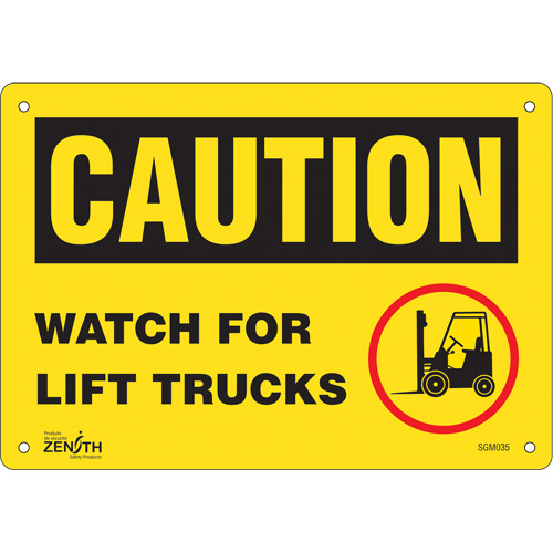 "Watch For Lift Trucks" Sign, 7" x 10", Plastic, English with Pictogram