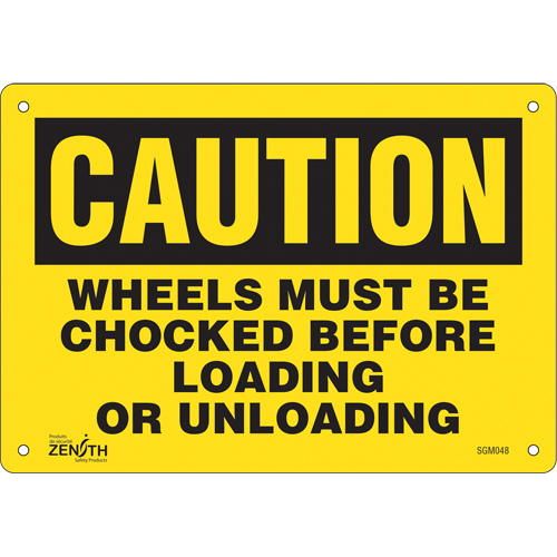 "Wheels Must Be Chocked" Sign, 7" x 10", Aluminum, English