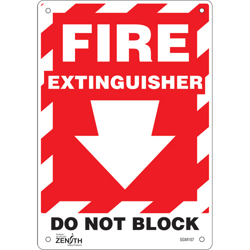 "Fire Extinguisher Do Not Block" with Down Arrow Sign, 10" x 7", Plastic, English with Pictogram