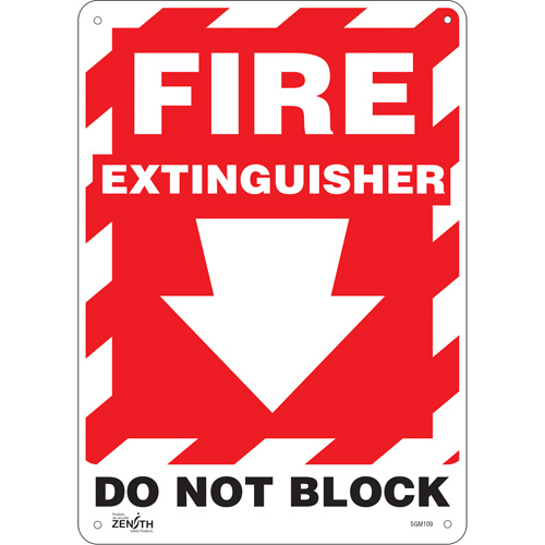 "Fire Extinguisher Do Not Block" with Down Arrow Sign, 14" x 10", Vinyl, English with Pictogram