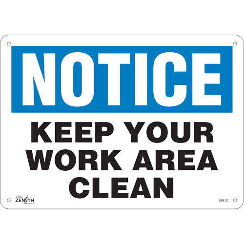 "Keep Your Work Area Clean" Sign, 10" x 14", Plastic, English