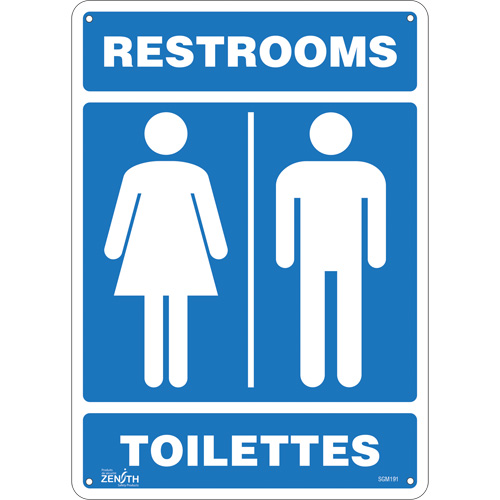 "Restrooms - Toilettes" Sign, 14" x 10", Plastic, Bilingual with Pictogram