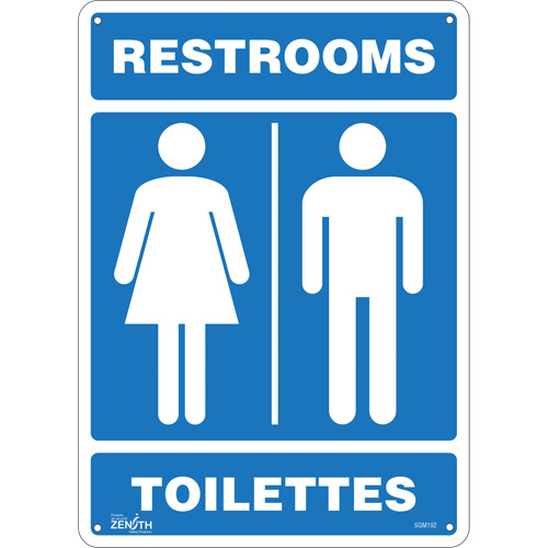 "Restrooms - Toilettes" Sign, 14" x 10", Aluminum, Bilingual with Pictogram