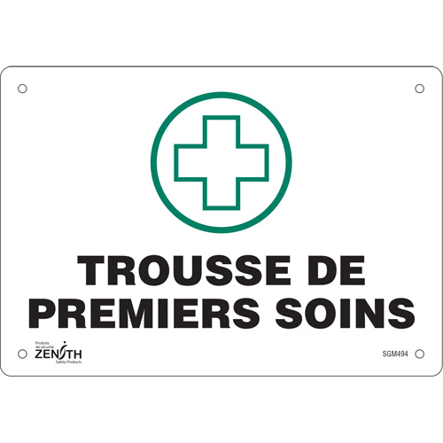 "Premiers Soins" Sign, 7" x 10", Plastic, French with Pictogram