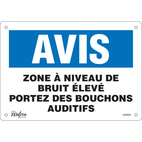 "Portez Des Bouchons Auditifs" Sign, 7" x 10", Plastic, French