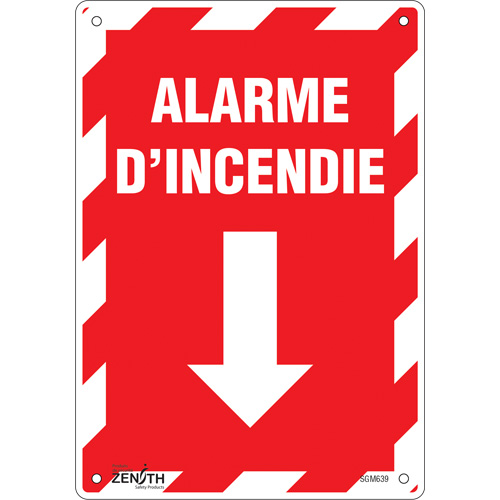 "Alarme D'Incendie" Arrow Sign, 10" x 7", Aluminum, French with Pictogram