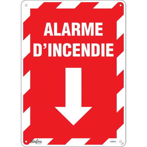 "Alarme D'Incendie" Arrow Sign, 14" x 10", Plastic, French with Pictogram