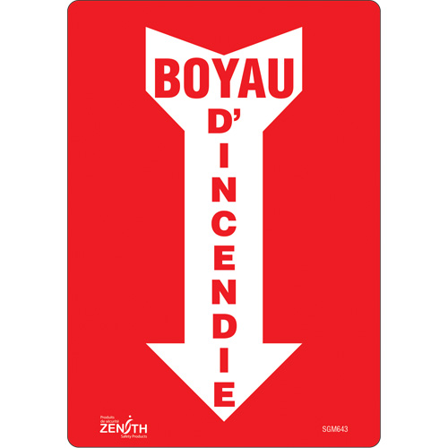 "Boyau D'Incendie" Arrow Sign, 10" x 7", Vinyl, French with Pictogram
