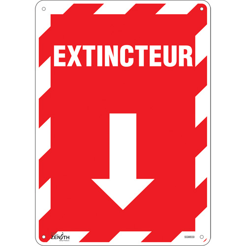 "Extincteur" Arrow Sign, 14" x 10", Plastic, French with Pictogram