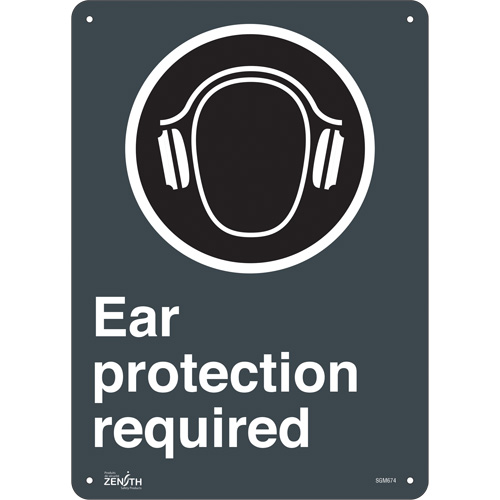 "Ear Protection Required" Sign, 14" x 10", Plastic, English with Pictogram