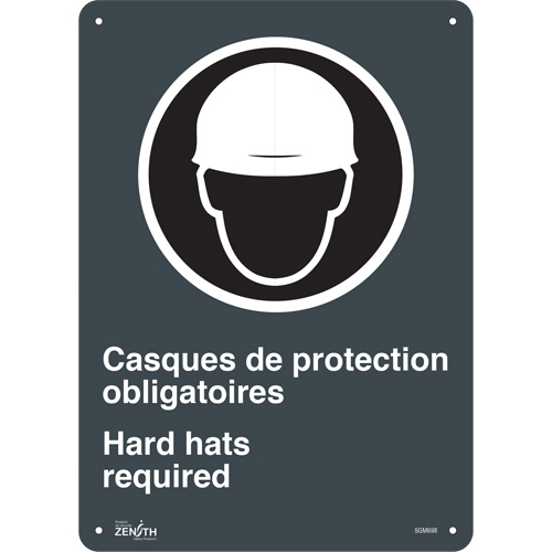 "Hard Hats Required" Sign, 14" x 10", Plastic, Bilingual with Pictogram