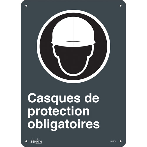 "Casques De Protection Obligatoires" Sign, 14" x 10", Plastic, French with Pictogram