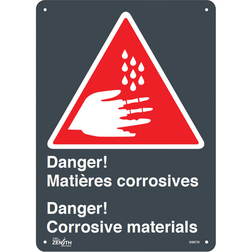 "Matières Corrosives/Corrosive Materials" Sign, 14" x 10", Plastic, Bilingual with Pictogram
