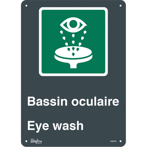 "Bassin Oculaire/Eye Wash" Sign, 14" x 10", Aluminum, Bilingual with Pictogram