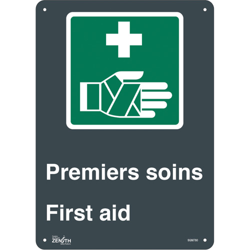 "Premier Soins/First Aid" Sign, 14" x 10", Aluminum, Bilingual with Pictogram