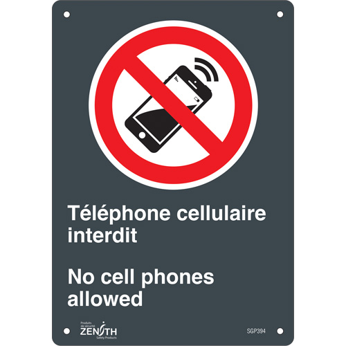 "Téléphone cellulaire interdit /No Cell Phones" Sign, 10" x 7", Aluminum, Bilingual with Pictogram