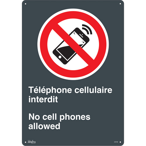 "Téléphone cellulaire interdit /No Cell Phones" Sign, 20" x 14", Plastic, Bilingual with Pictogram