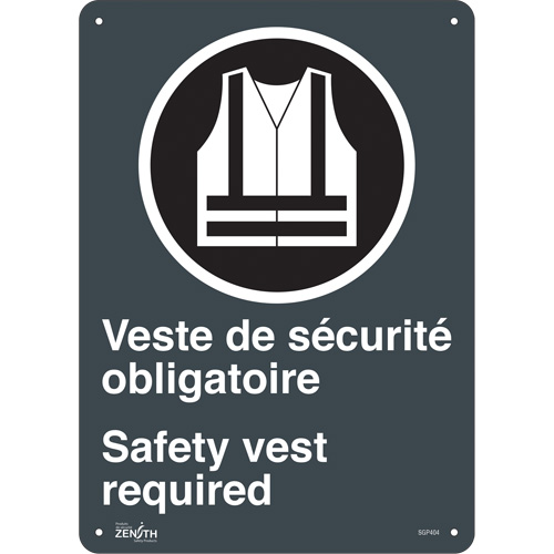 "Port du dossard obligatoire/Safety Vest Required" Sign, 14" x 10", Plastic, Bilingual with Pictogram