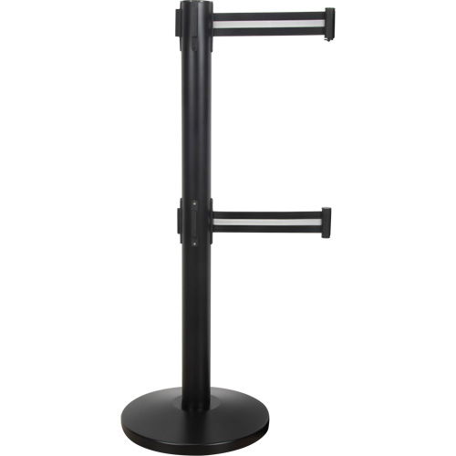 Dual Belt Crowd Control Barrier, Steel, 35" H, Black/White Tape, 7' Tape Length