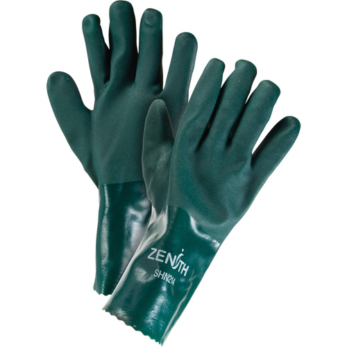 Double Dipped Green Gloves, 12" L, PVC, Cotton Jersey Inner Lining, 70-mil