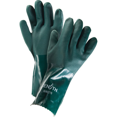 Double Dipped Green Gloves, 14" L, PVC, Cotton Jersey Inner Lining, 70-mil