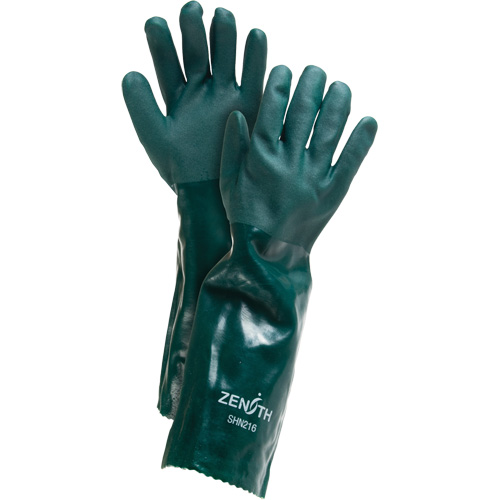 Double Dipped Green Gloves, 18" L, PVC, Cotton Jersey Inner Lining, 70-mil